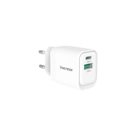 VULTECH CARICATORE ADATTATORE UNIVERSALE, 1 X TYPE-C PD30 E 1 X USB QC3.0, GAN PPS 33W, BIANCO COMPA