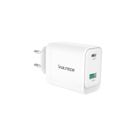 VULTECH CARICATORE ADATTATORE UNIVERSALE, 1 X TYPE-C, 1 X USB PD45 GAN PPS 45W QC3.0, BIANCO COMPATT
