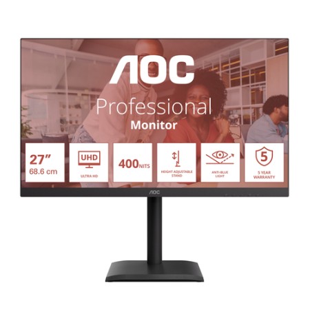 AOC MONITOR 27 LED IPS 4K UHD 16:9 4MS 75hz 400 CDM, PIVOT, DP/HDMI, USB-C, MULTIMEDIALE