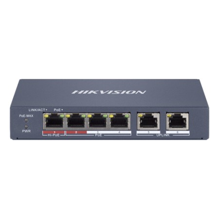 SWITCH HIKVISION SMART MANAGED HI-POE 10/100 L2, 4 10/100M RJ45 POE PORTS, 2 10/100M RJ45 PORT, 802.